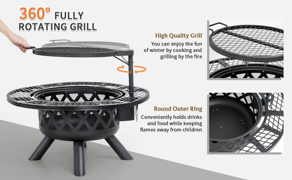 Memorial Day Sales BALI OUTDOORS 2-in-1 Wood Burning Fire Pit with Removable Cooking Grill Black Ultra-Durable Iron Grate 360-Degree Rotation Adjustable Height for Heating and BBQ Christmas gift