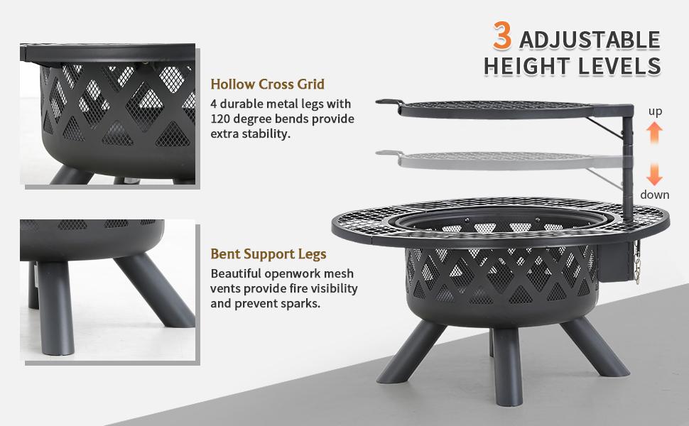 Memorial Day Sales BALI OUTDOORS 2-in-1 Wood Burning Fire Pit with Removable Cooking Grill Black Ultra-Durable Iron Grate 360-Degree Rotation Adjustable Height for Heating and BBQ Christmas gift