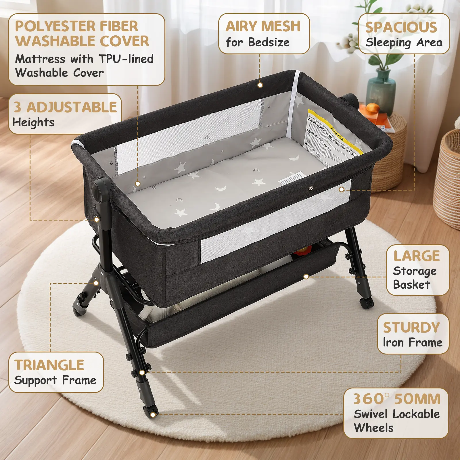 Baby Bassinet, Crib for Infant and Newborn, Bedside Sleeper with Storage Basket and Mosquito Net, Easy to Fold, Height Adjustable, Portable Side Bed Crib portable Baby Furniture