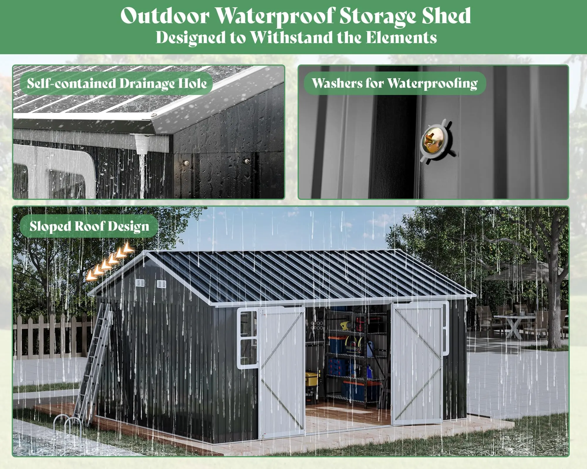 Shed 4-pane Window Nordic Cottage Storage Shed Outdoor Metal Garden House Double Hinged Lockable Doors for Backyard Garden Patio Lawn