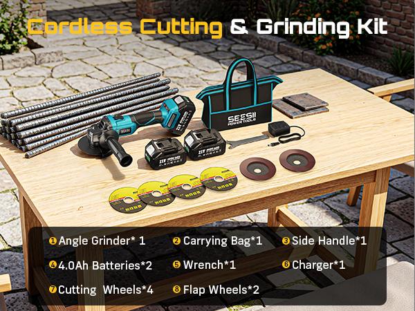 SEESII Cordless Angle Grinder Kit with 2x4.0Ah Batteries, 10000RPM Brushless Electric Metal Grinder w/ 4-1/2" Cutting Wheel, Flap Wheel, and Wool Carving Wheel for Precision Cutting & Grinding#SummerVibes