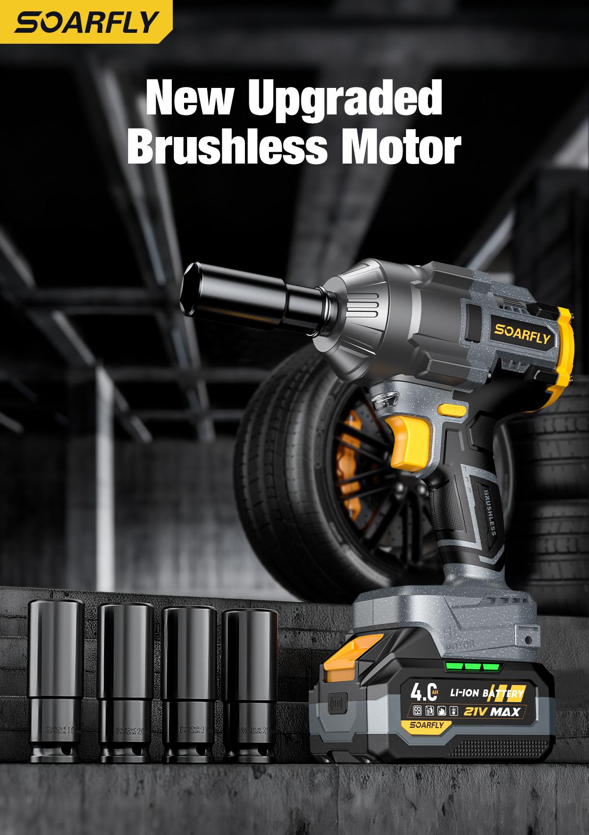 【Father's Day Gift】SOARFLY 1000NM Impact Wrench, 2x 4.0Ah Batteries, Fast Charger, 6 Screwdriver Bit, 8 Drill Bit, 6 Sockets, For Car, Trucks
