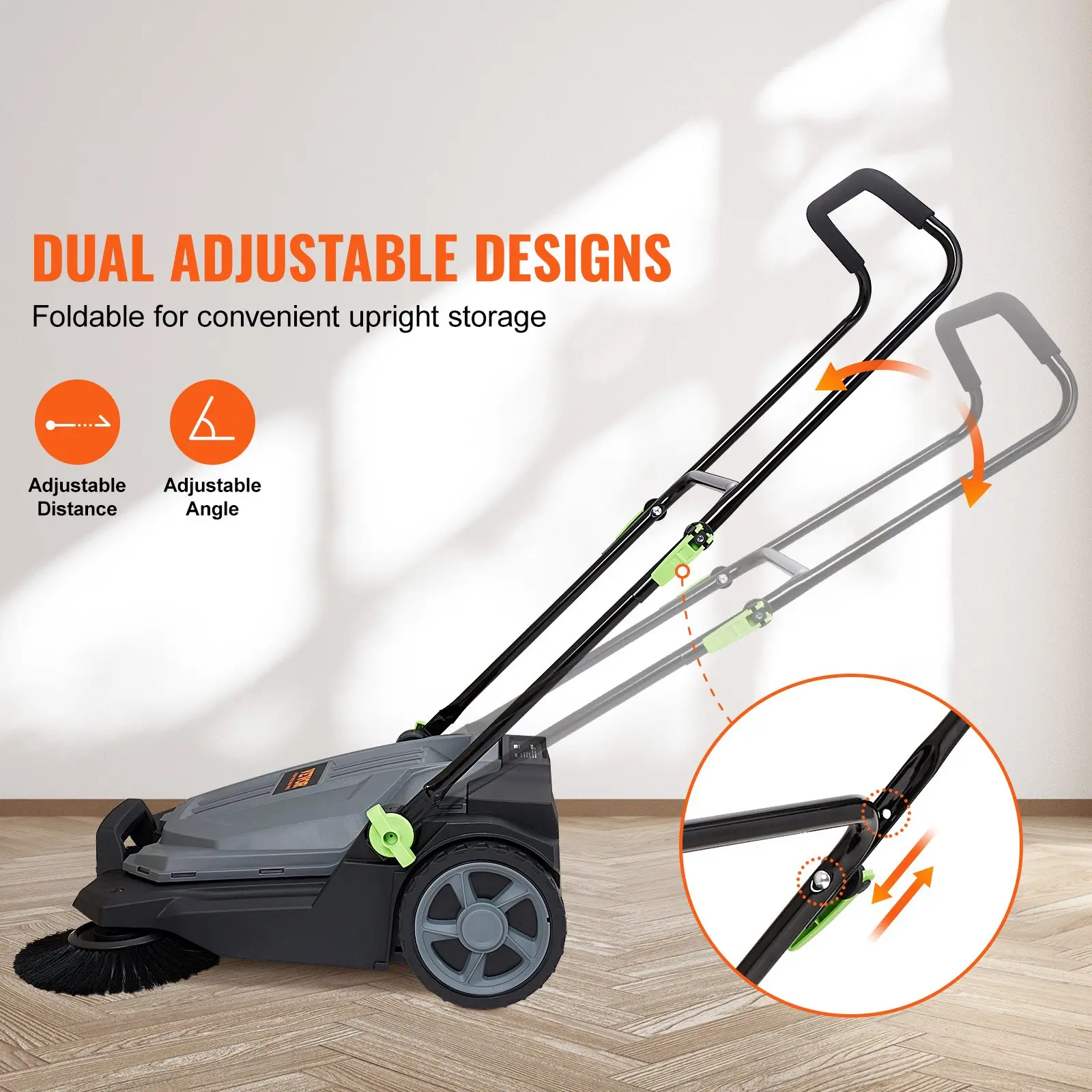 Walk-Behind Floor Sweeper – 25.6'' Manual Push Sweeper with 5-Gallon Waste Container for Yard, Garage & Patio