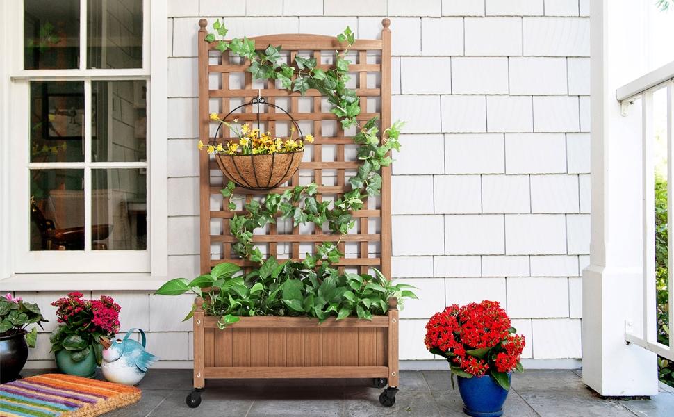 Yaheetech 75/50" H Horticulture Garden Planter with Trellis for Vine Climbing Plants Garden Box Outdoor w/Drainage Holes Raised Garden Bed Garden Planter Box for Flowers