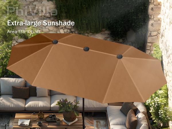 [SummerVibes] PHI VILLA 15 FT Large Outdoor Double-Sided Rectangle Umbrella with LED Lights & Crank Handle, Waterproof, Day & Night Use