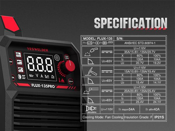 YESWELDER FLUX-135PRO 110V 135Amp Flux Core MIG Welder with LYG-L600A Welding Helmet | Gasless MIG/Lift TIG/Stick 3-in-1 Digital Display Welding Machine