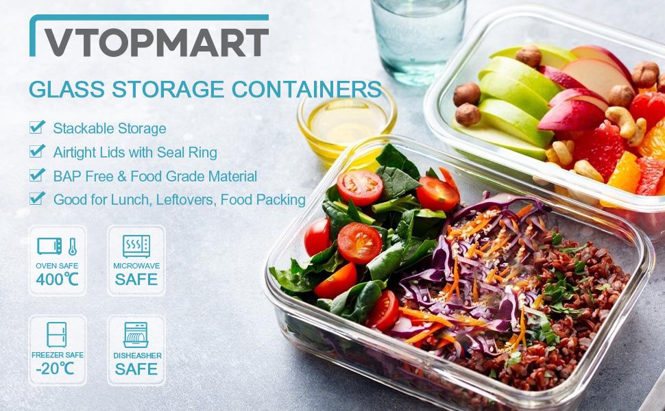 Vtopmart 18 Pack Glass Food Storage Containers with Lids -Stackable Design for Kitchen Utensils Oven Microwave Freezer Dishwasher Kitchenware Square Fridge Organizers Insulated Lunch Compartment Grey Rectangle