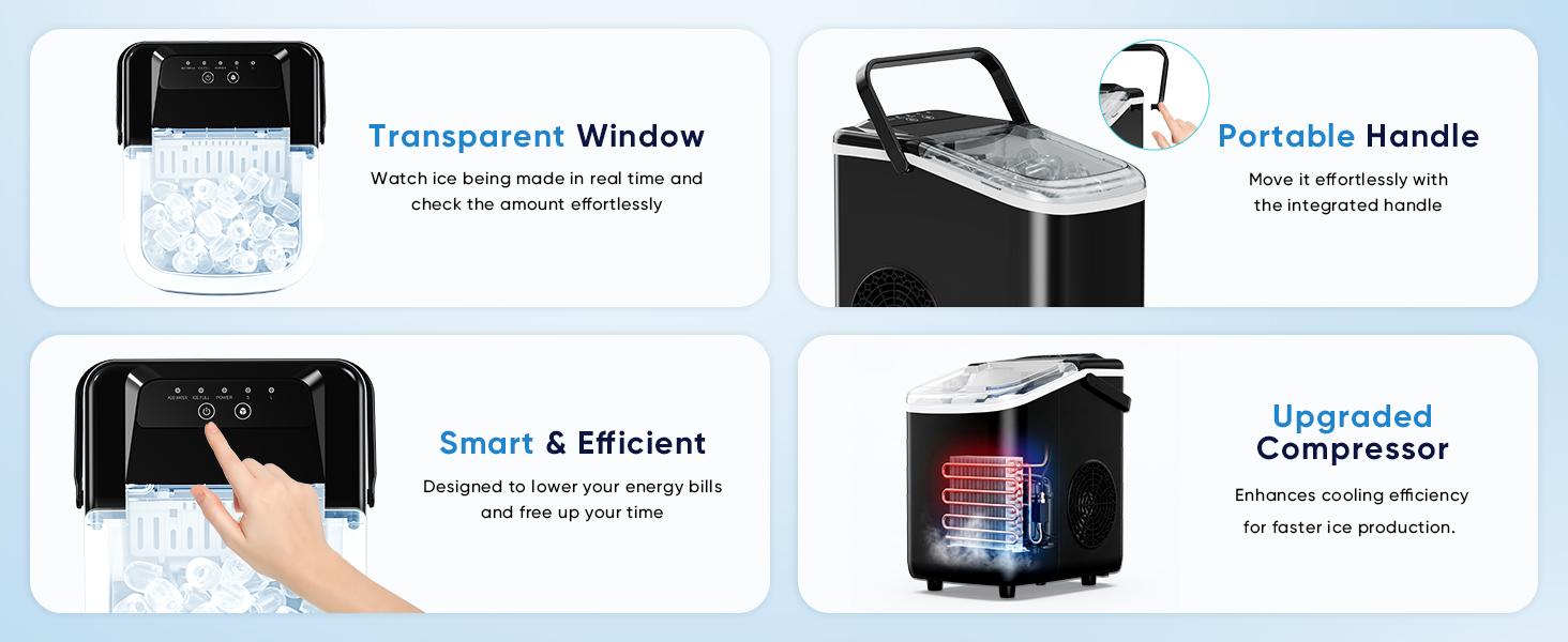 Sweetcrispy Compact Countertop Ice Maker with Handle, Portable Bullet Ice Machine, 9 Cubes in 6 Mins, 26lbs/24Hrs, Auto-Cleaning, Quiet Operation, Includes Basket & Scoop for Home, Kitchen, RV