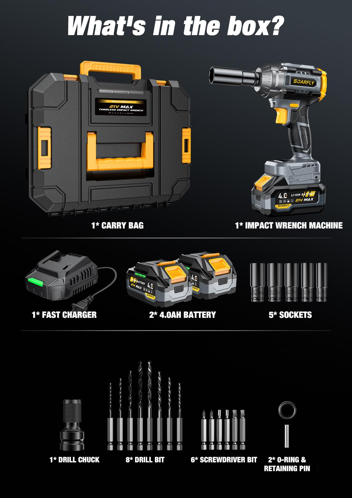 【Father's Day Gift】SOARFLY 680NM Impact Wrench, 2x 4.0Ah Batteries, Fast Charger, 6 Screwdriver Bit, 8 Drill Bit, 6 Sockets, For Car, Trucks