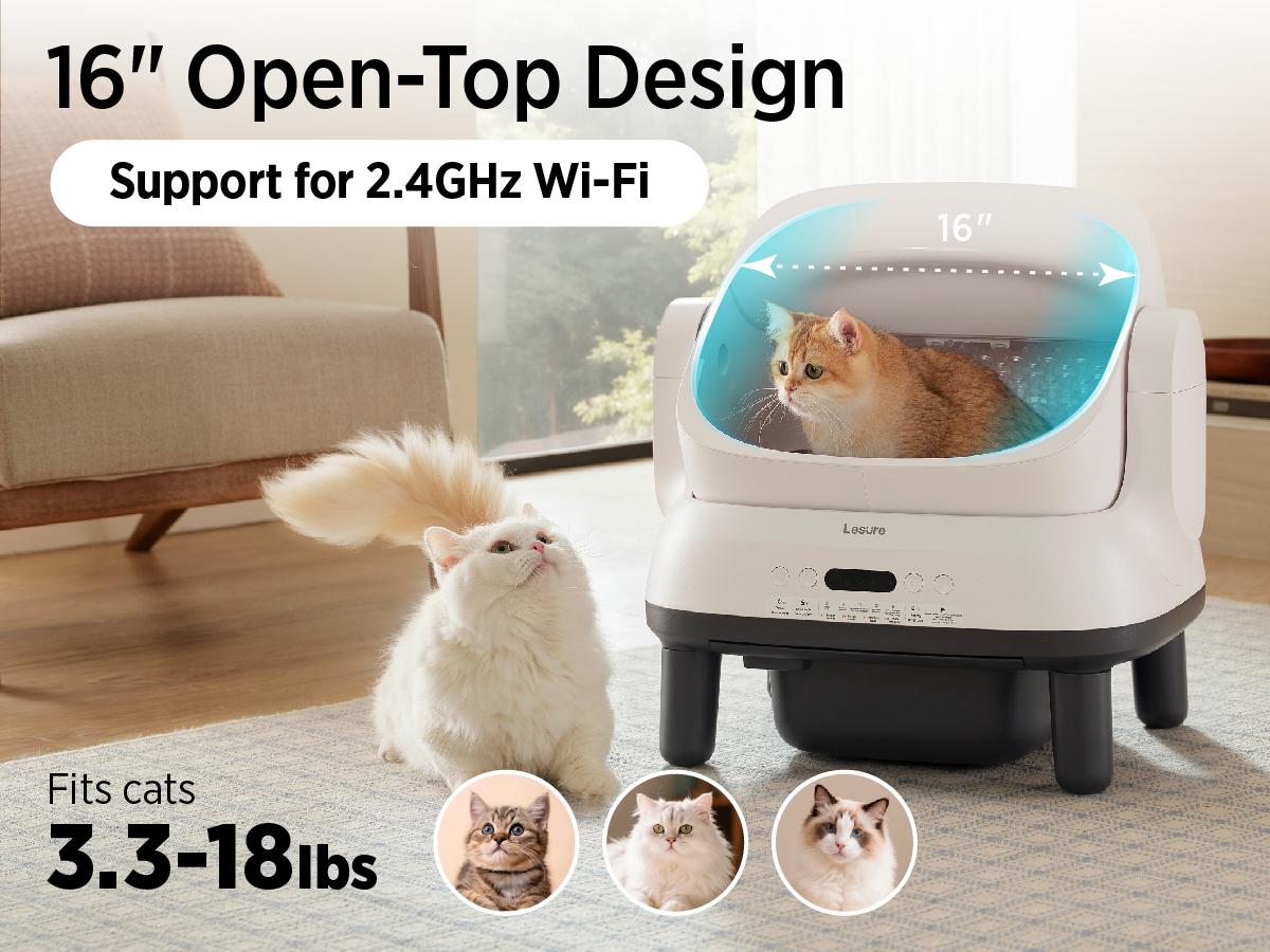 Lesure Self Cleaning Litter Box - Open-Top Automatic Cat Litter Box with APP Control & Anti-Pinch Sensor, for 3.3~18 lbs Cats, Odor Control, Includes 2 Sifters & 1 Roll Waste Bags