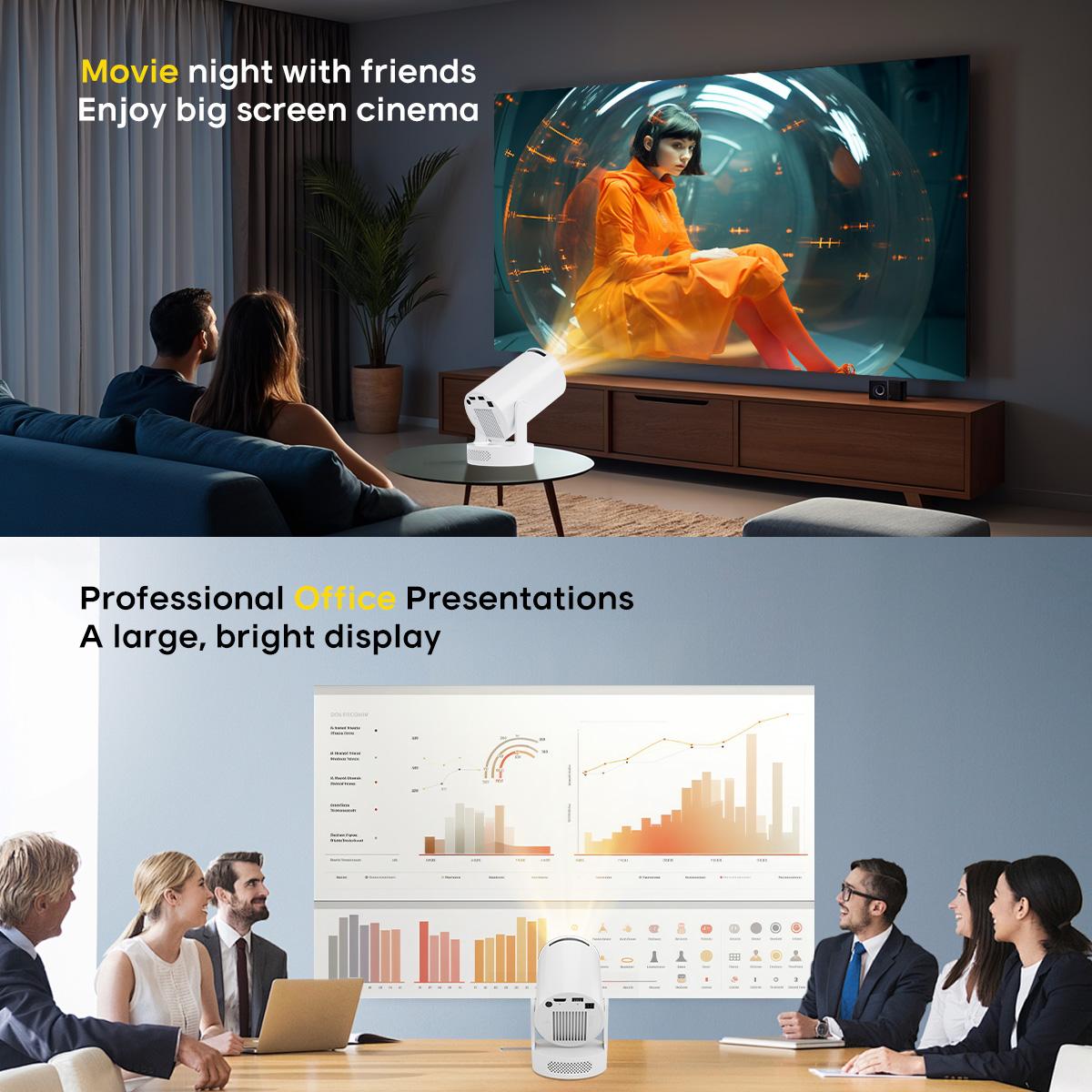 Smart Projector HY300Pro+ with 4K Decode 290ANSI Auto Keystone Correction Built-in 5W speaker Dual WiFi6 Wireless BT5.4 Android 14 Native 1280*720P for Home Cinema Portable Movie Theater Summervibes