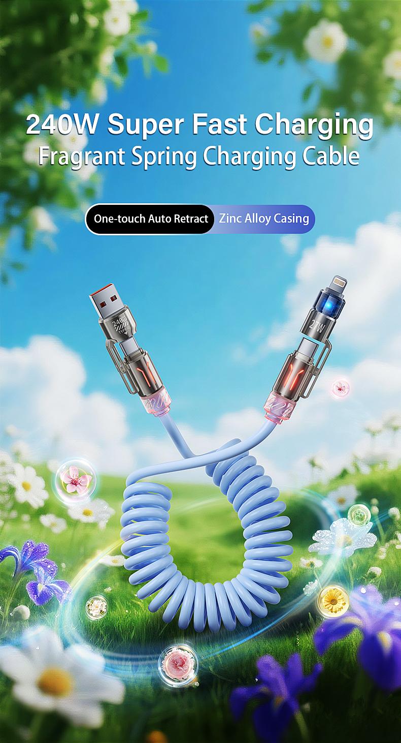 2026 Upgraded 240W Fast Charging Cable with RGB Light & Fragrance 4-in-1 Telescopic Spring Design 2m Length for iPhone Samsung Motorola CarHomeOffice Smartphone Cellphone Retractable Fast Charger Retractable Cord