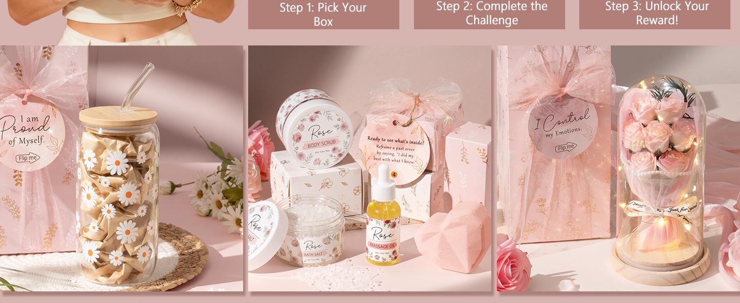 MAYICIVO mothersdaygift for Women &ndash; Birthday Gift Basket for Teen Girls, Filled with Trendy Items & Fun Empowering Challenge Tasks, Perfect Self-Care Spa Set for Mom, Wife, Daughter, Niece, or Sister
