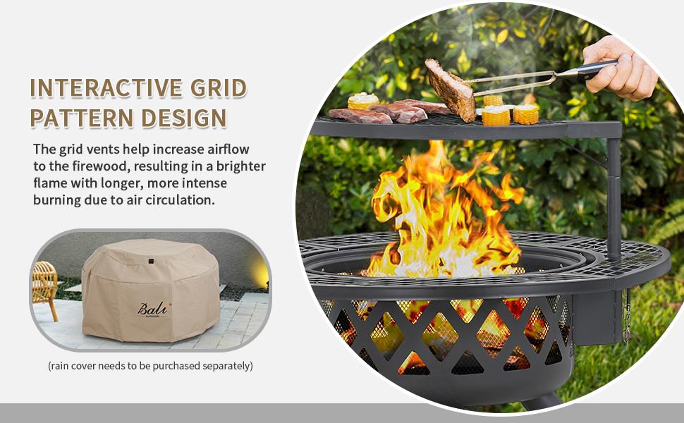 Memorial Day Sales BALI OUTDOORS 2-in-1 Wood Burning Fire Pit with Removable Cooking Grill Black Ultra-Durable Iron Grate 360-Degree Rotation Adjustable Height for Heating and BBQ Christmas gift