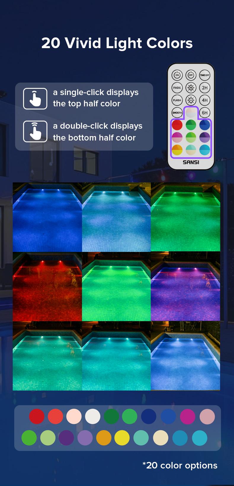 SANSI RGB Pool Lights with RF Remote & Timer &ndash; Waterproof, Battery Operated, Flash/Fade/Smooth Modes, Magnetic & Suction Installation &ndash; Portable for Showers, Pools, Outdoors &ndash; Perfect for Garden SummerVibes