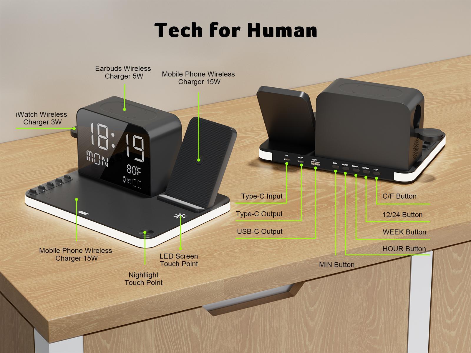 Acer 7 in 1 Wireless Charging Station with Fast Wireless Charger, LED Night Light, Bluetooth Time Sync Clock & Temperature Display, USB-A & USB-C, Magnetic MagSafe &ndash; for iPhone, Android Phone, Apple Watch & AirPods, Gift