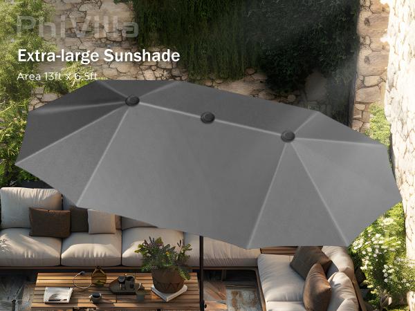 [SummerVibes] PHI VILLA 15 FT Large Outdoor Double-Sided Rectangle Umbrella with LED Lights & Crank Handle, Waterproof, Day & Night Use
