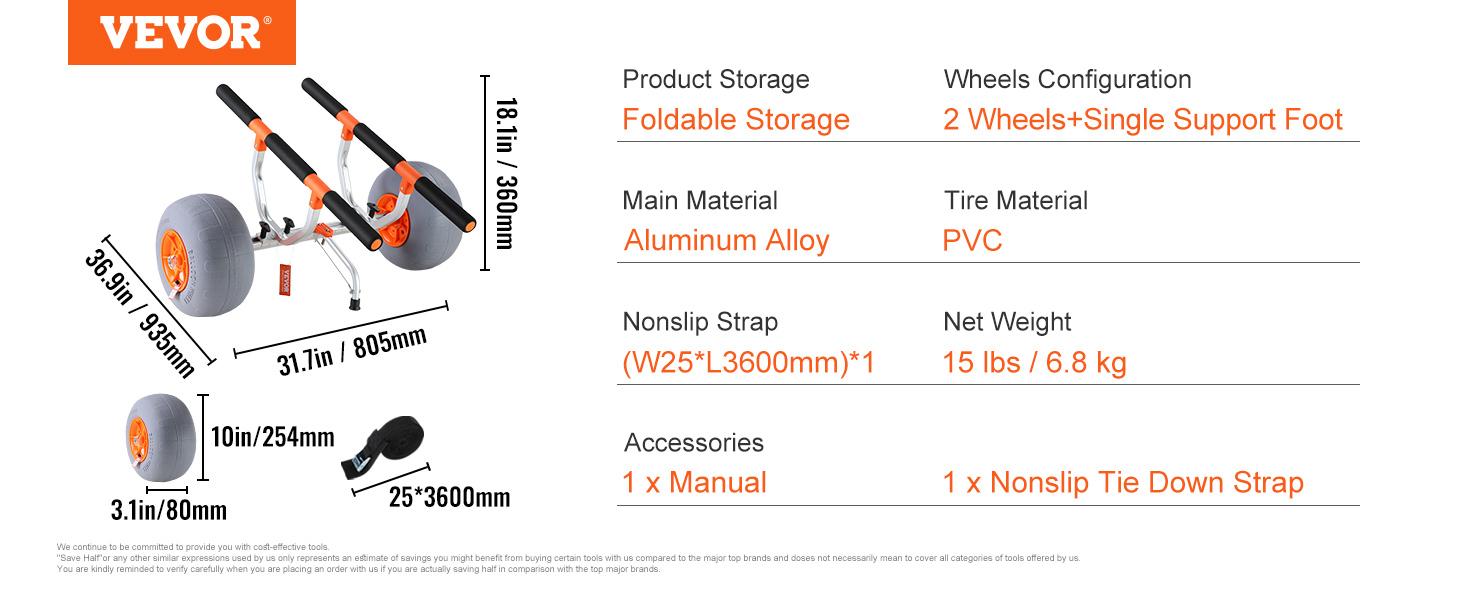 VEVOR Heavy Duty Kayak Cart, TikTokShopBlackFriday, Foldable Canoe Trolley Cart with 12'' Tires, Adjustable Width 6.69"-17.32",350 Lb Weight Capacity Kayak Trolley for Kayaks Canoes Paddleboards Float Mats Jon Boats