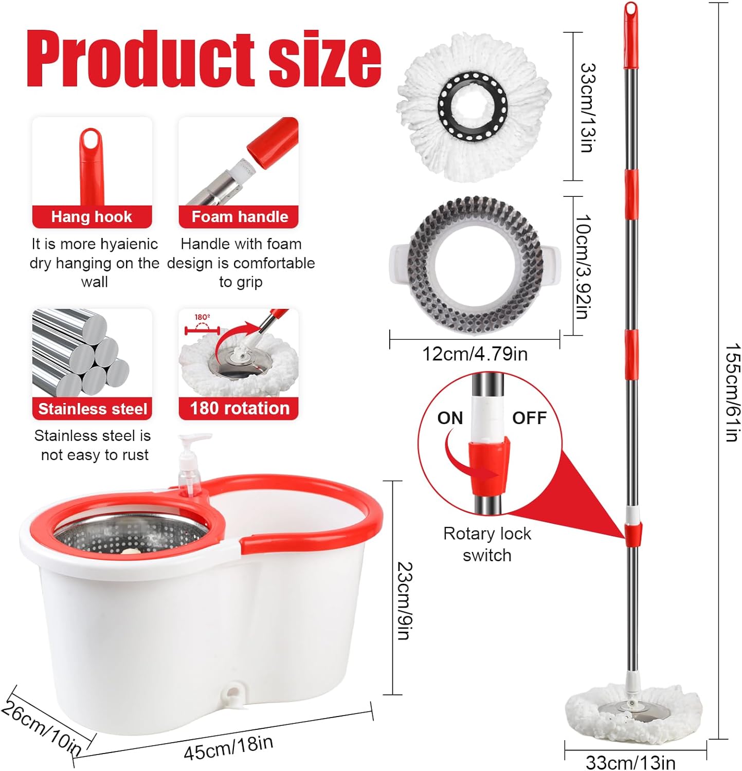 SummerVibes Colorful 360&deg; Spin Mop and Bucket Set with 3 Microfiber Refills 61in Stainless Steel Adjustable Extendable Pole Plastic Bucket for General Cleaning, Gifts for Mother's Day