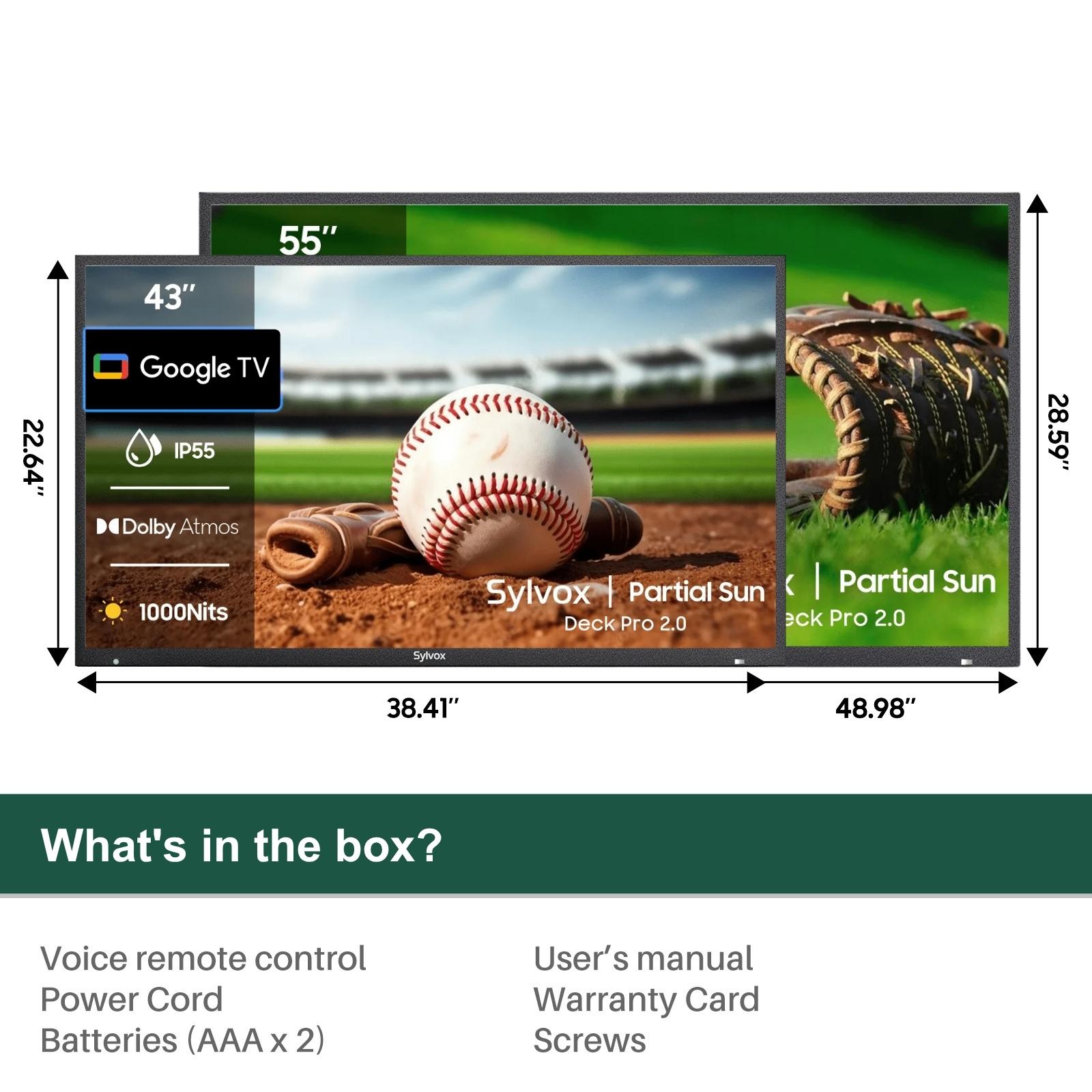 SYLVOX Outdoor TV, 4K UHD IP55 Weatherproof Television for Partial Sun Outside 1000nit Brightness, Google TV OS, Dolby Atmos, Voice Remote (Deck Pro 3.0) SYLVOX Outdoor TV, 4K UHD IP55 Weatherproof Television for Partial Sun Outside 1000nit Brightness, Google TV OS, Dolby Atmos, Voice Remote (Deck Pro 3.0)