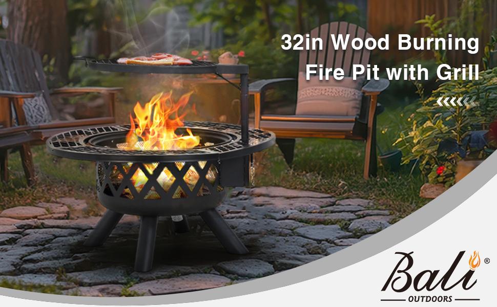 Memorial Day Sales BALI OUTDOORS 2-in-1 Wood Burning Fire Pit with Removable Cooking Grill Black Ultra-Durable Iron Grate 360-Degree Rotation Adjustable Height for Heating and BBQ Christmas gift