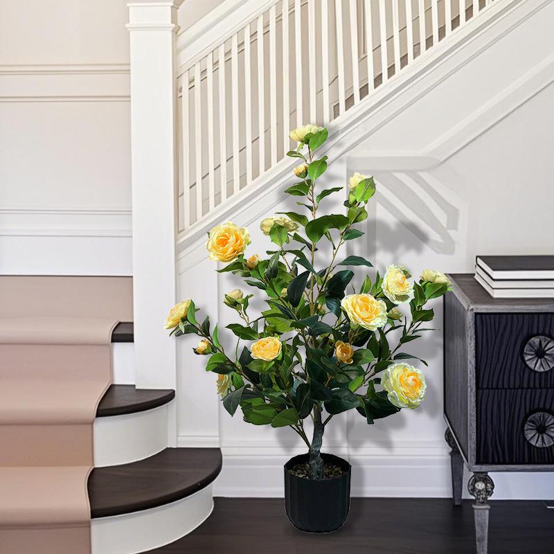 2 Pcs 3-foot Camellia Tree with Decorative Pebbles, Flower Pot, 24 Realistic Flowers, 188 Leaves for Indoor, outdoor courtyard Home Decor summerwins
