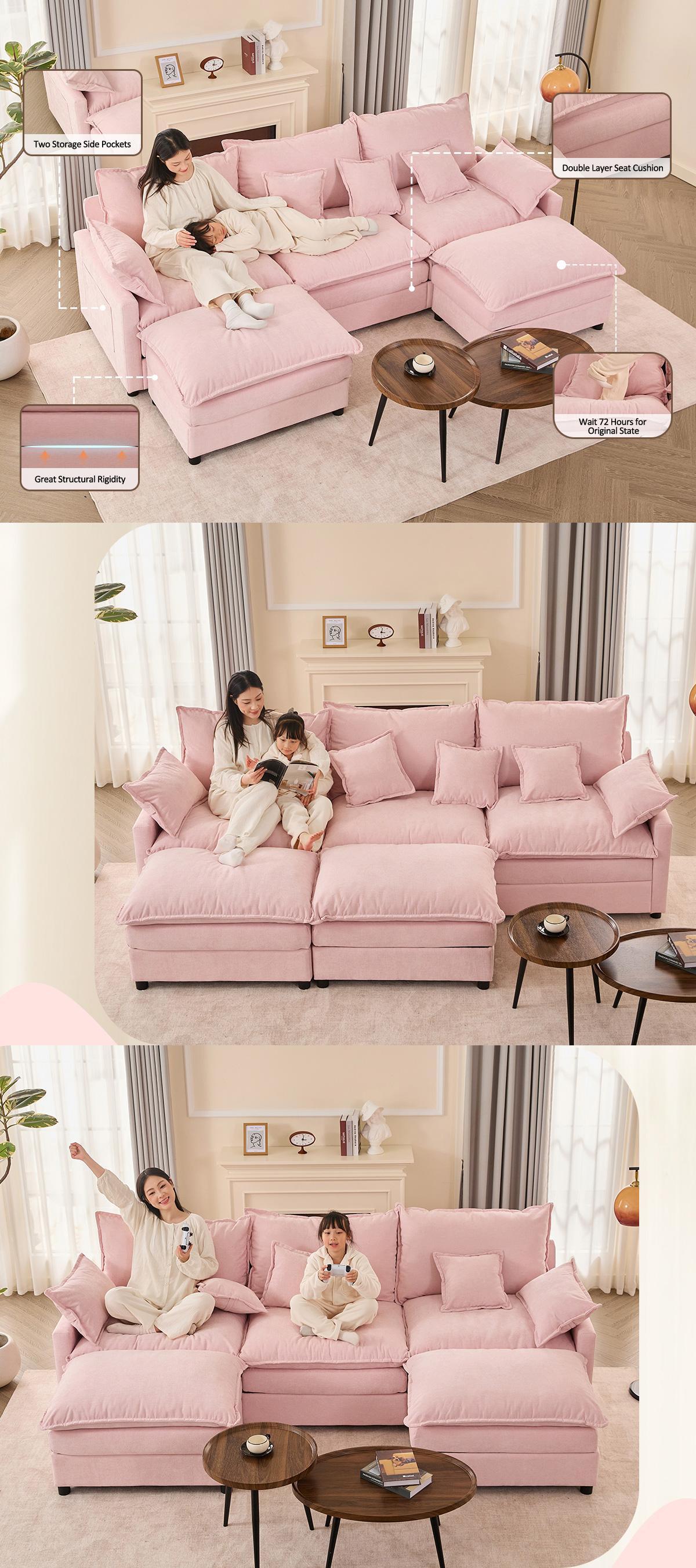 Summergarden【2 Packages Shipping】GOSUHI 108" U-Shaped Modular Sectional Sofa - Comfy Cloud 3-Seater with 2 Movable Ottoman, Cloud Sofa,Deep Seat Linen Couch for Living Room, Beige Color ,Comfort & Stylish Design,Chenille pink