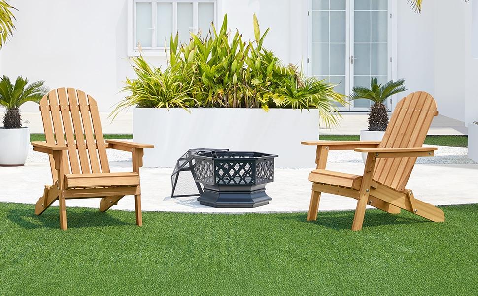 【Set of 2】Yaheetech 2026 Upgrade Folding Adirondack Chair Outdoor Solid Wood Garden Chair Weather Resistant, Fire Pit Lounge Chairs for Garden/Yard/Patio/Lawn