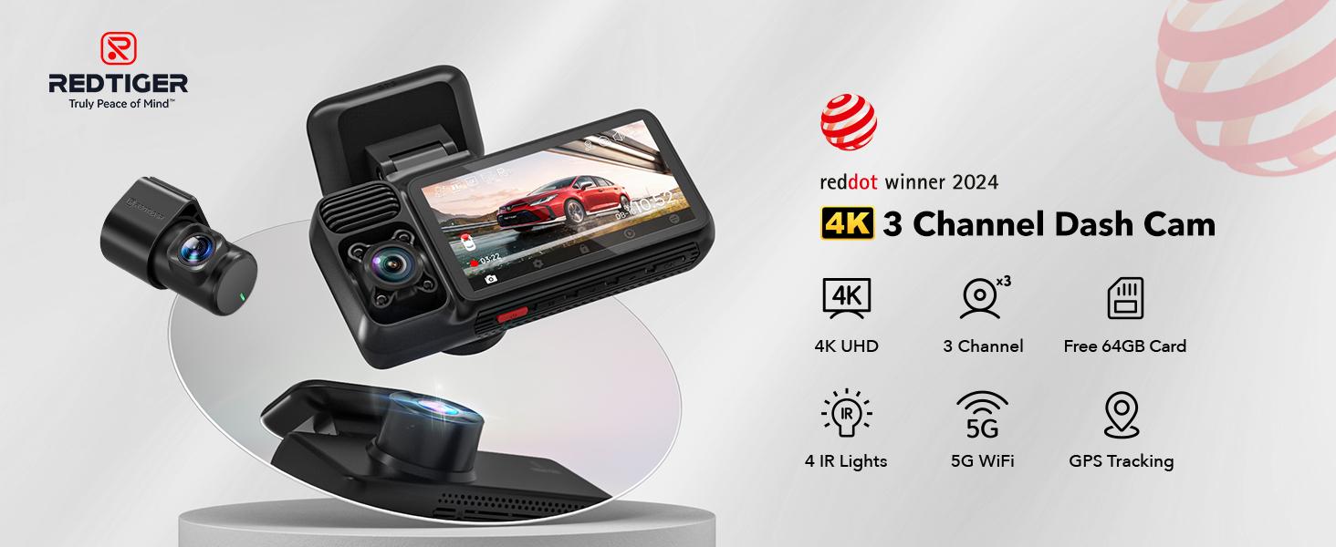 REDTIGER F17 4K 3-Channel Dash Cam with 5GHz WiFi GPS, 64GB Card, 2160P+1080P+1080P Cameras, IR Night Vision, Parking Mode, Car rvibes, Car VLOG, Summervibes