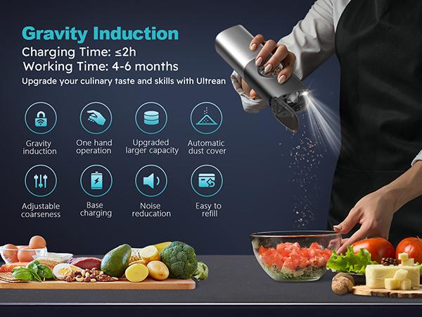 Ultrean Electric Salt & Pepper Grinder Sets, 2pcs Rechargeable, Adjustable, Modern Stainless Steel Construction, Seasoning Auto Dust Lids, LED one-hand operation Kitchen Utensils Ultrean Electric Salt & Pepper Grinder Sets, 2pcs Rechargeable, Adjustable, Modern Stainless Steel Construction, Seasoning Auto Dust Lids, LED one-hand operation Kitchen Utensils