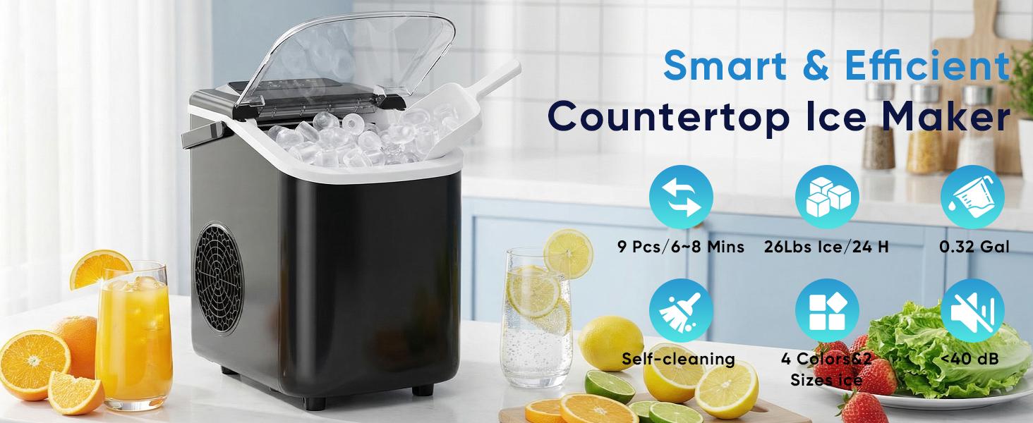 Sweetcrispy Compact Countertop Ice Maker with Handle, Portable Bullet Ice Machine, 9 Cubes in 6 Mins, 26lbs/24Hrs, Auto-Cleaning, Quiet Operation, Includes Basket & Scoop for Home, Kitchen, RV