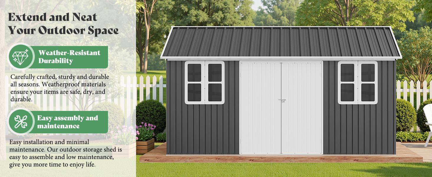 [Brandday][Memorialday] AMERLIFE Shed 4-pane Window Nordic Cottage Storage Shed Outdoor Metal Garden House Double Hinged Lockable Doors for Backyard Garden Patio Lawn