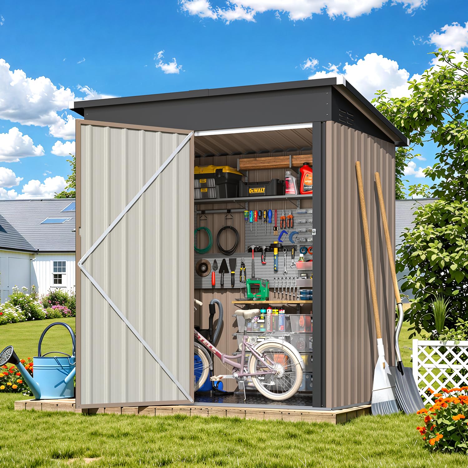 YODOLLA 5' x 3' Modern Metal Outdoor Storage Shed, 16.6 sq. ft. space with lockable door, ideal for garden, backyard, patio, and tool storage YODOLLA 5' x 3' Modern Metal Outdoor Storage Shed, 16.6 sq. ft. space with lockable door, ideal for garden, backyard, patio, and tool storage