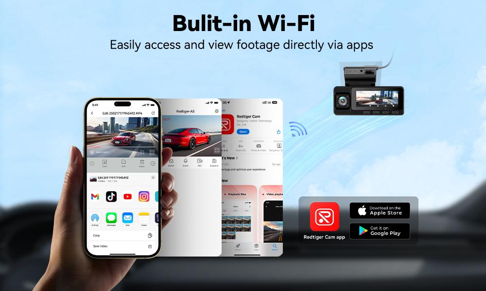 【FathersDayGift】REDTIGER A3 3 Channel WiFi Dash Cam Front and Rear Inside with 32G SD Card( No SD Card Option In A Better Deal ), 2.5K+1080P+1080P Car Dash Camera for CarsFront and Rear, G-Sensor, 24H Parking Mode, Car rvibe, Car VLOG
