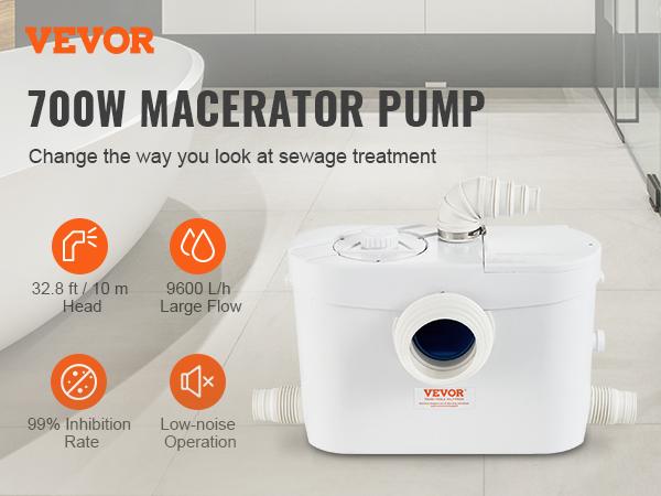fathersdaygift  VEVOR Macerator Pump, 700W, 9600 L/h Flow, 32.8 ft/10 m Head, Macerator Sewerage Sump Pump with 3 Water Inlets for Toilet, Basement, Kitchen, Sink, Shower, Bathtub Waste Water Disposal Upflush Machine