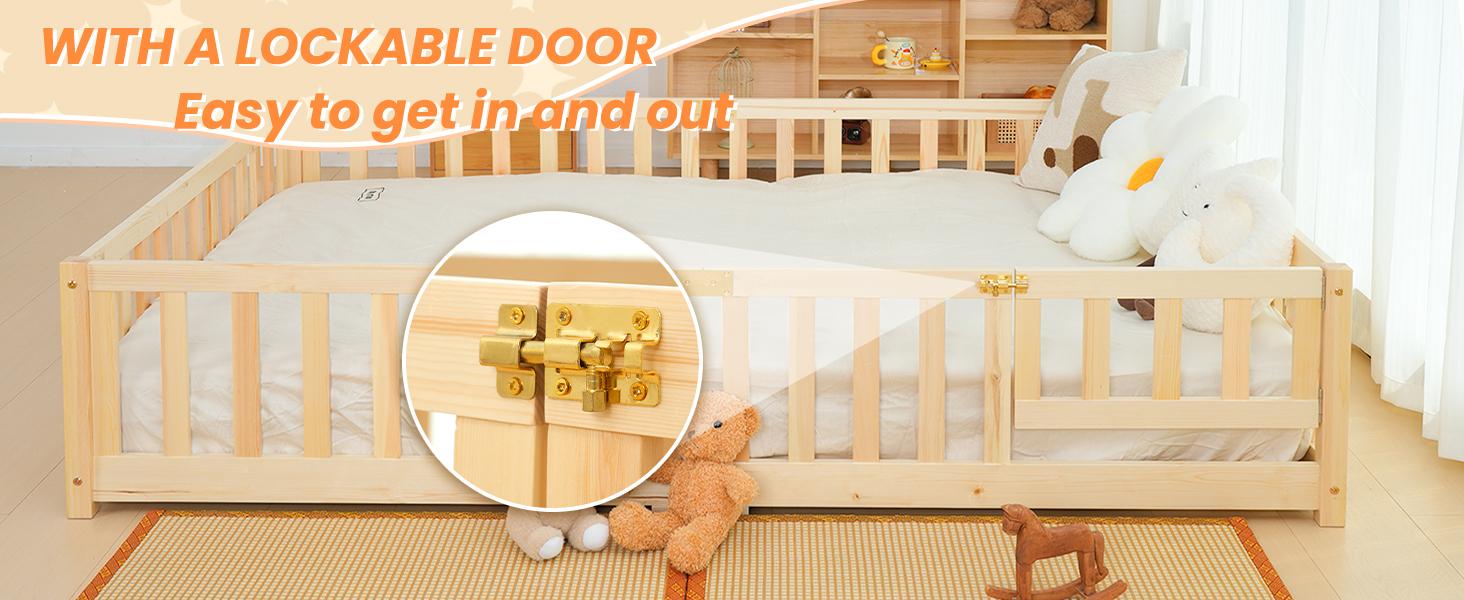 Naudacaa Twin/Full Size Montessori Floor Bed for Kids, Solid Wood Bed Frame with Fence, Door & Safety Guardrails, CPC Certified Naudacaa Twin/Full Size Montessori Floor Bed for Kids, Solid Wood Bed Frame with Fence, Door & Safety Guardrails, CPC Certified