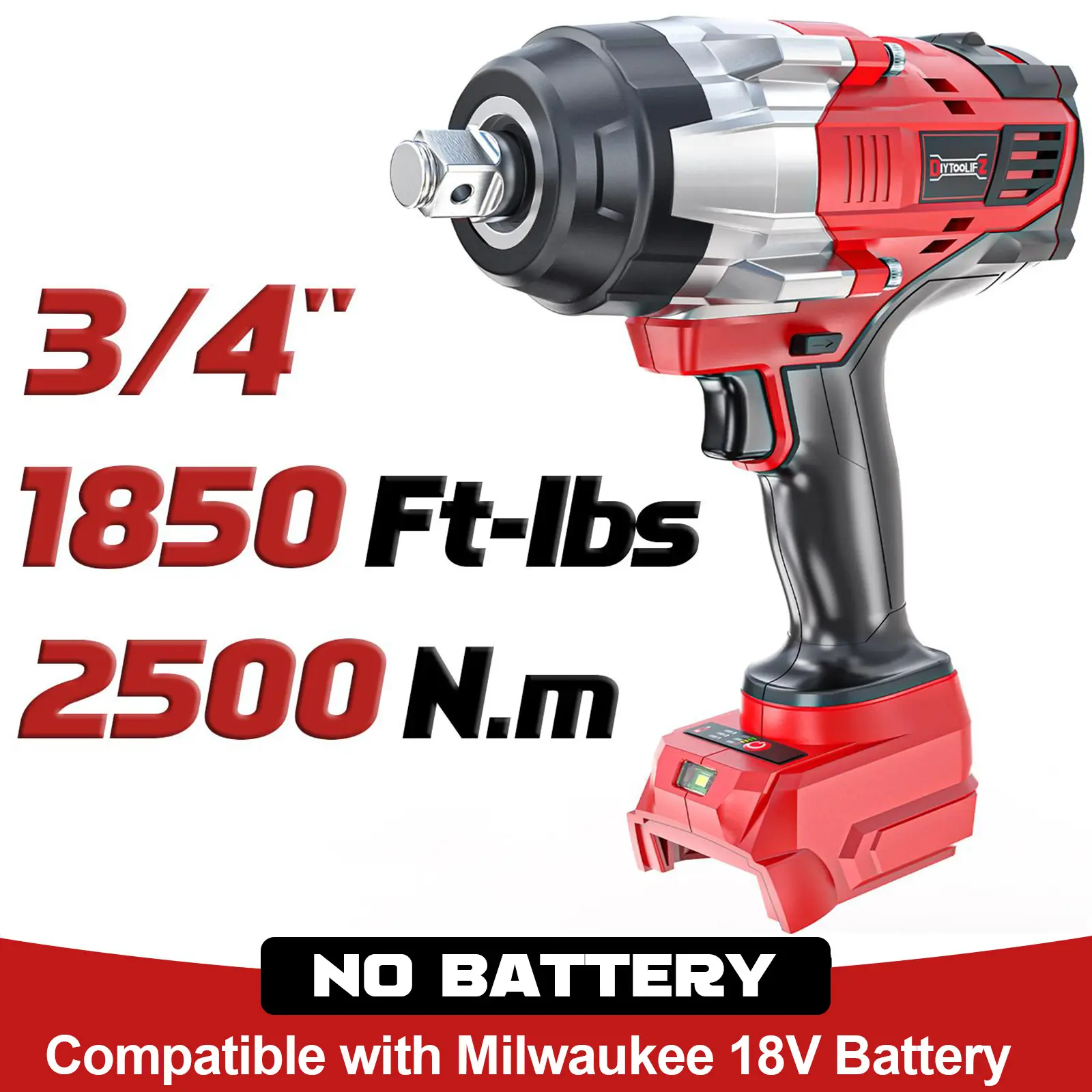 1850Ft-lbs (2500N.m)-3/4"Impact Wrench Compatible with  18V Battery (NO Battery!!!), Brushless Impact Gun 4-Speed with Auto-Stop Reverse for Car/Truck