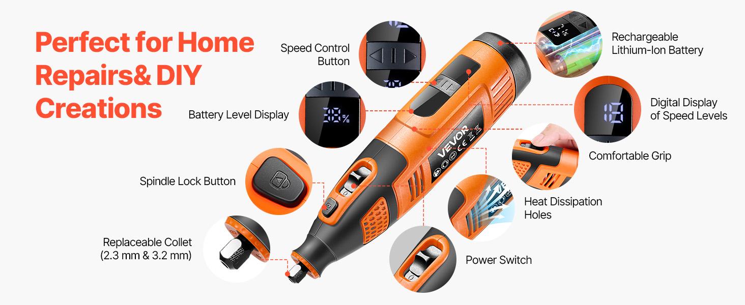 fathersdaygift  VEVOR 119-Piece Cordless Rotary Tool Kit, DC12V Portable Mini Power Rotary Tool, 28-Level Speed 5000-32000 RPM Multi-Purpose DIY Tools for Engraving, Sanding, Polishing, Carving, Cutting, DIY Crafts