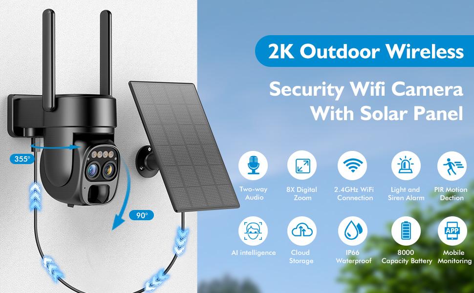 Hawkray 4 PC-Pannel Solar-Powered Wireless Outdoor Security Camera, Dual Lens, Dual Viewing Angle, 10x Zoom, 2K Resolution, 3MP, 360° Pan/Tilt, 2.4 and 5G WiFi, Battery-Powered Camera, Spotlight, Alarm, PIR Motion Detection