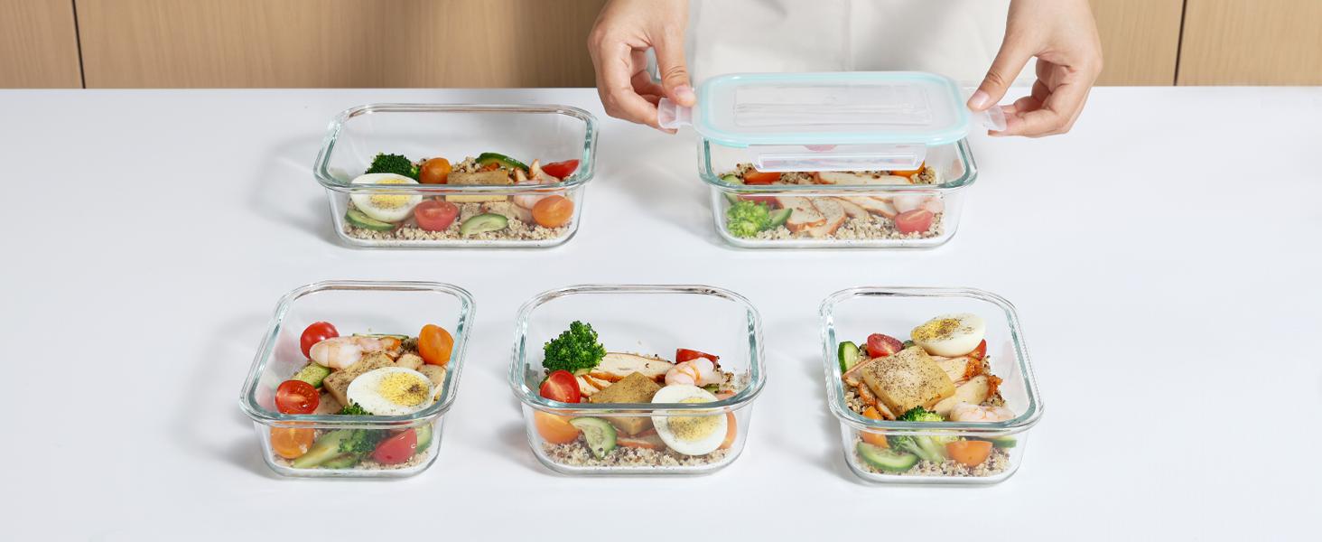 Vtopmart 18 Pack Glass Food Storage Containers with Lids -Stackable Design for Kitchen Utensils Oven Microwave Freezer Dishwasher Kitchenware Square Fridge Organizers Insulated Lunch Compartment Grey Rectangle