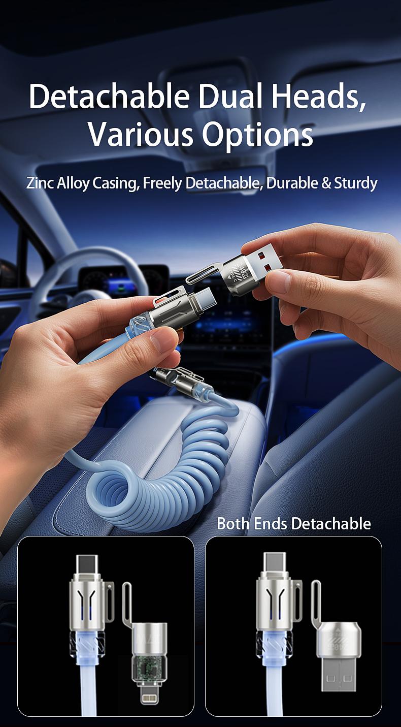 2026 Upgraded 240W Fast Charging Cable with RGB Light & Fragrance 4-in-1 Telescopic Spring Design 2m Length for iPhone Samsung Motorola CarHomeOffice Smartphone Cellphone Retractable Fast Charger Retractable Cord