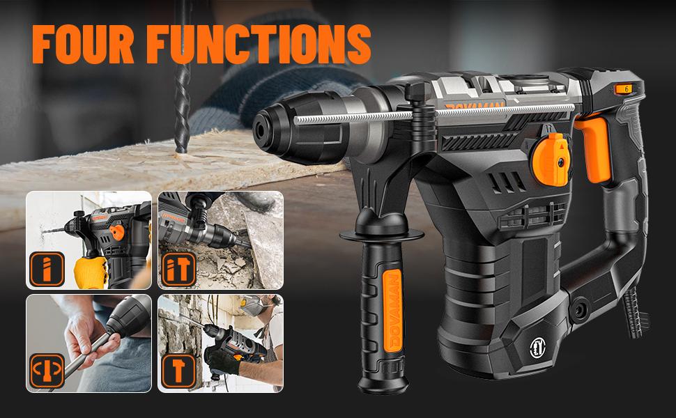 DOVAMAN RH15A 1-9/16'' SDS-Plus Rotary Hammer Drill, 4 Functions in One Knob, Safety Clutch, 6 Speeds, 4350BPM / 900RPM, Fit for Concrete, Wood, Steel,#Summervibes DOVAMAN RH15A 1-9/16'' SDS-Plus Rotary Hammer Drill, 4 Functions in One Knob, Safety Clutch, 6 Speeds, 4350BPM / 900RPM, Fit for Concrete, Wood, Steel,#Summervibes