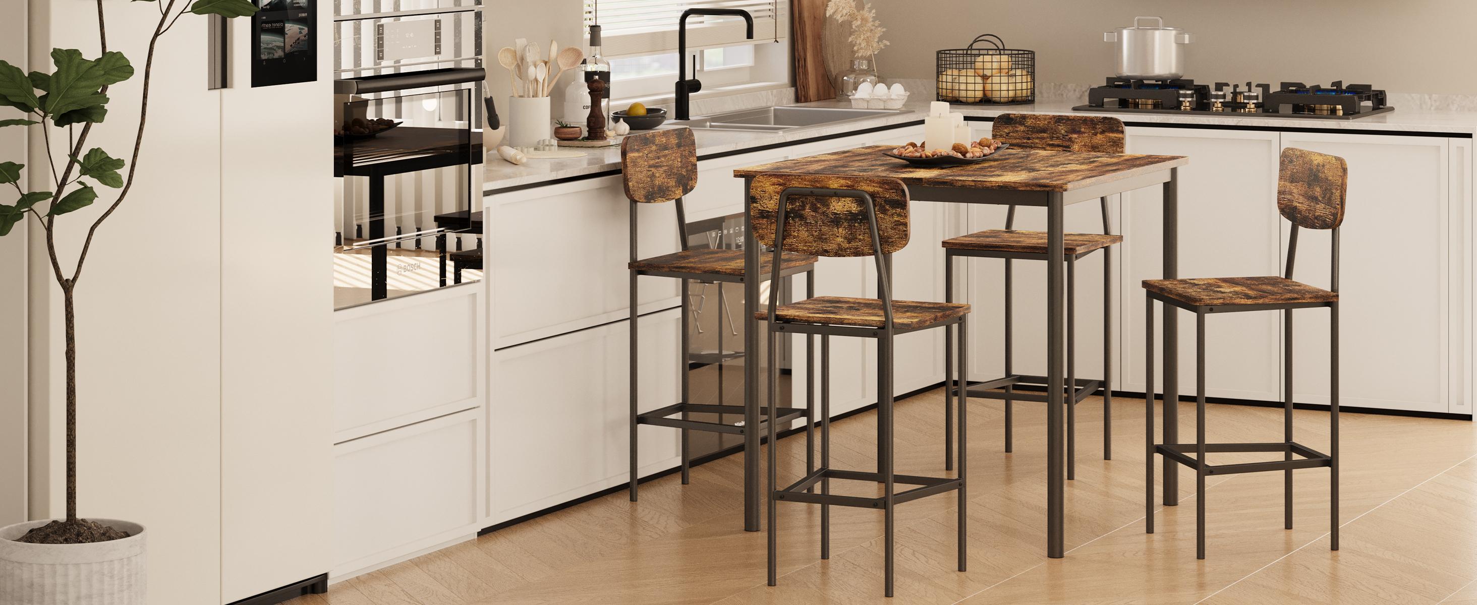 Dining Table Set for 4, Retro Kitchen Table and Chairs Set for 4, Metal Frame, Space-Saving Table and Chairs Set of 4 for Small Place, Living Room, Breakfast Nook Summervibes