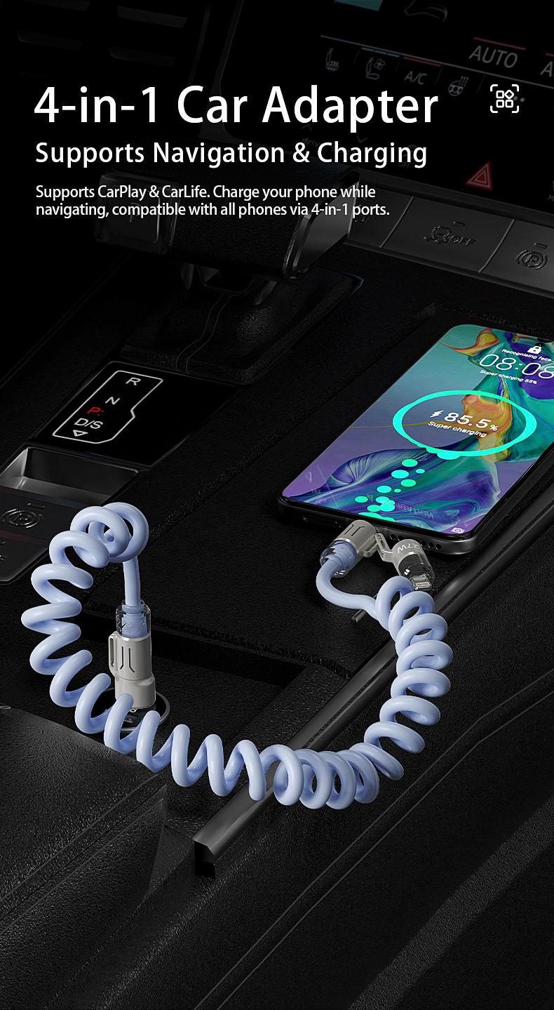 2026 Upgraded 240W Fast Charging Cable with RGB Light & Fragrance 4-in-1 Telescopic Spring Design 2m Length for iPhone Samsung Motorola CarHomeOffice Smartphone Cellphone Retractable Fast Charger Retractable Cord
