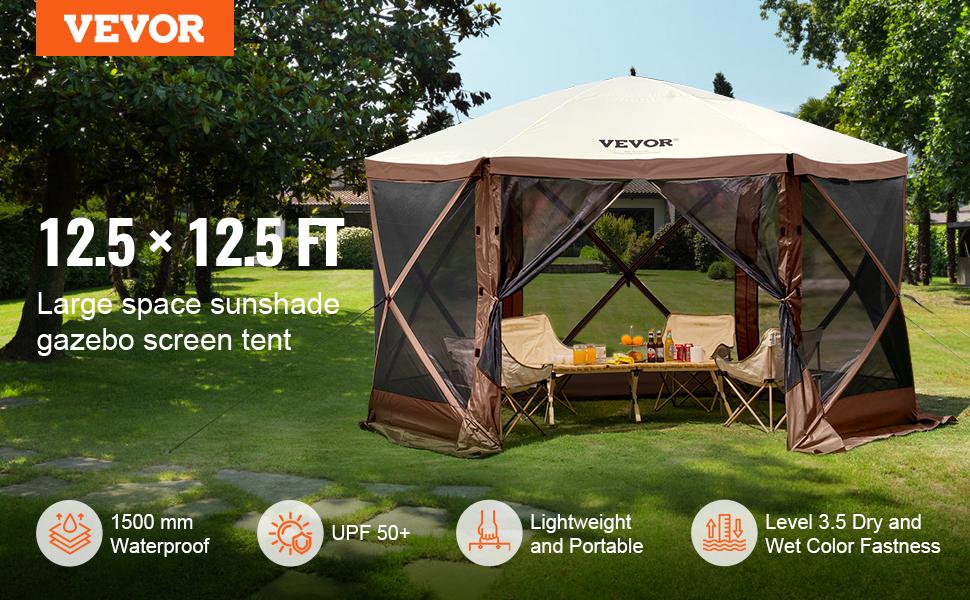 【DealsForYouDays】】VEVOR 12x12ft 6-Sided Pop-Up Sunshade Canopy Tent, Camping Gazebo Screen Tent with Mesh Windows, Portable Carry Bag & Stakes, Camping Equipment for Outdoor Lawn & Backyard, Brown/Beige,father'sdaygifts,campingessentials,campinggear
