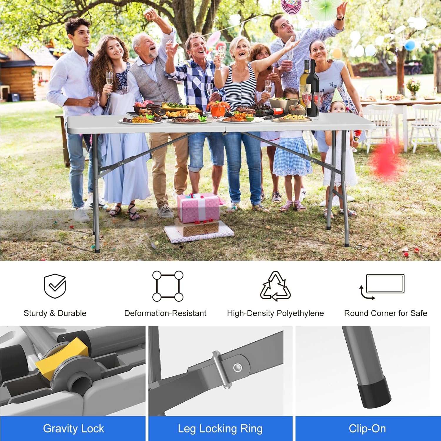 6FT Folding Table for Indoor Outdoor Portable Heavy Duty Fold-in-Half Plastic Dining Picnic Party Camping Table with Carrying Handle
