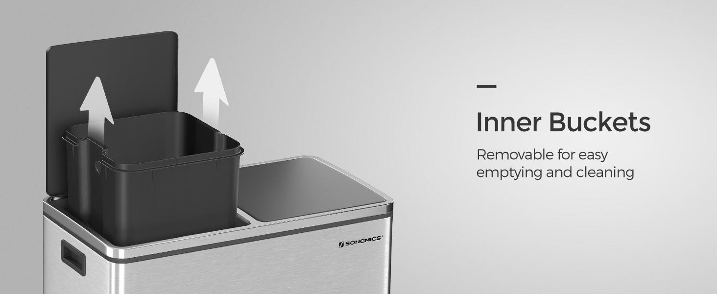 SONGMICS Stainless Steel Trash Can Garage Can Multi-Compartment Plastic Inner Buckets and Hinged Lids Soft Closure Kitchen