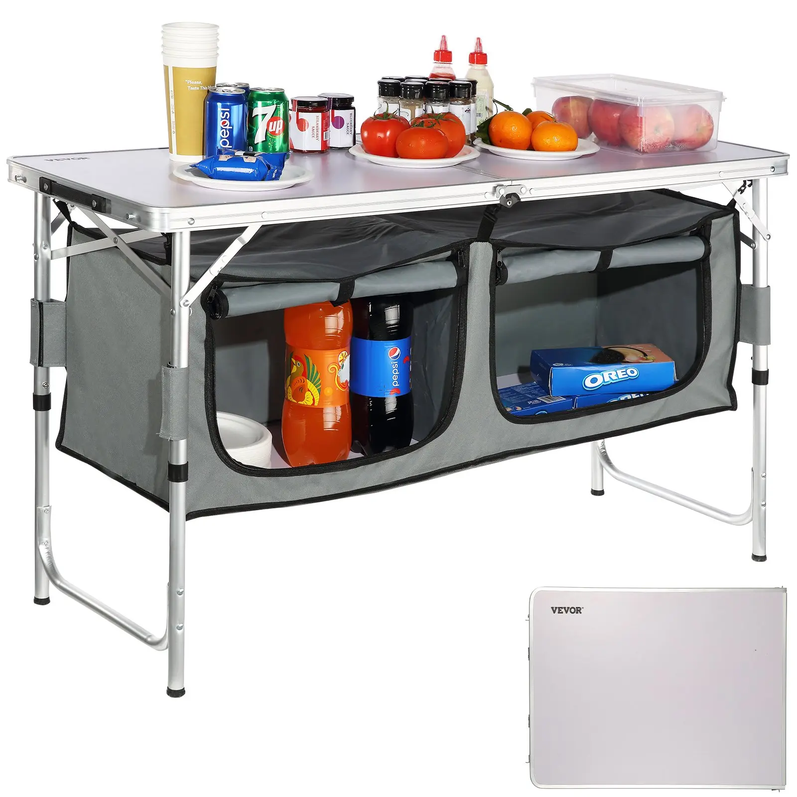 Folding Camping Kitchen Table – Quick Setup, 3 Adjustable Heights, Portable MDF Table for BBQ, Camping & RV Travel