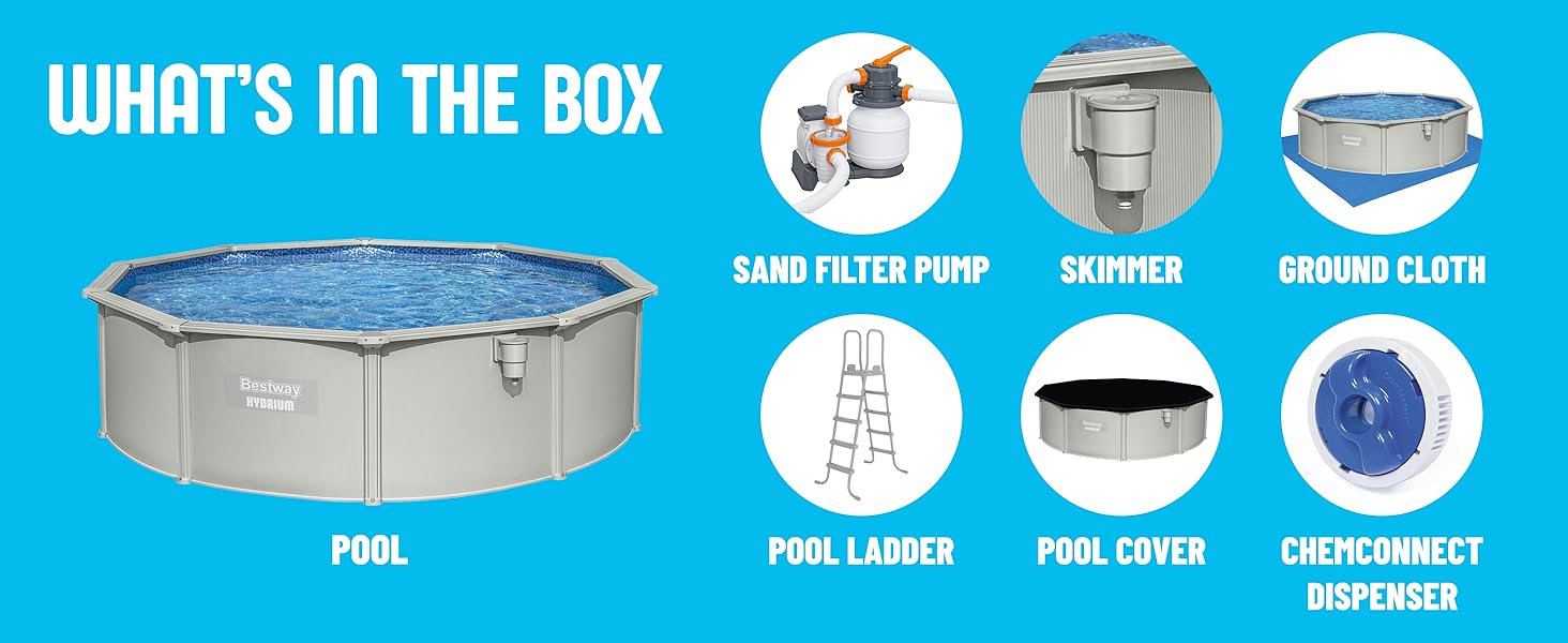 An image displaying all components included in the box for the above-ground pool kit.