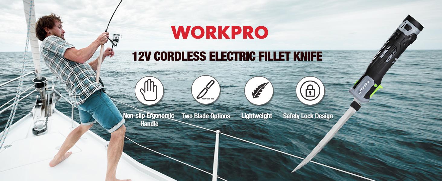 #Summervibes WORKPRO 12V Cordless Electric Fillet Knife with 8"& 10"Razor-Sharp Blades, Cordless Fillet Knife with Non-slip Grip Handle and Safety Lock, 2 Rechargeable Battery Packs, 1 Quick Battery Charger, and 1 Storage Carry Case for Fishing